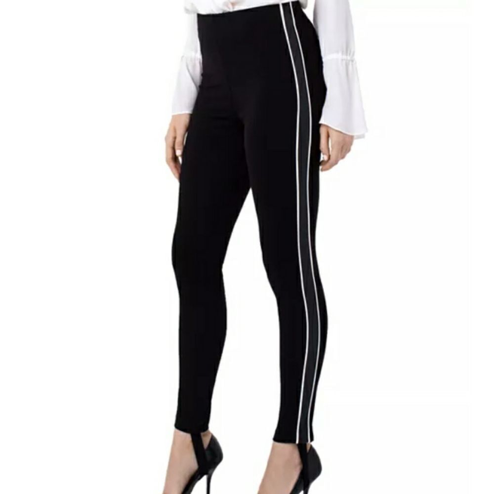 Liverpool Black Pull On Striped Stirrup Pants 10 Retro High Rise Slim Trousers